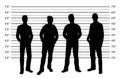 Police lineup. Mugshot background with silhouette of different men.